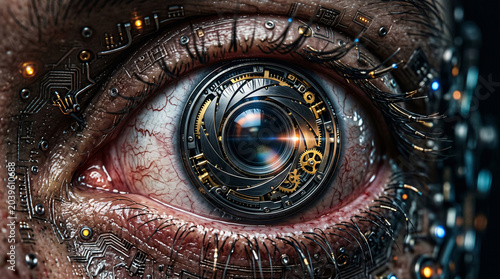 Extreme close up of a human eye transformed into a complex mechanical camera lens featuring intricate golden gears, glowing circuit board skin textures and sharp focus.