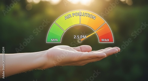 Hand holding air pollution gauge with green yellow orange red scale and 2.5 P M reading meter measurement