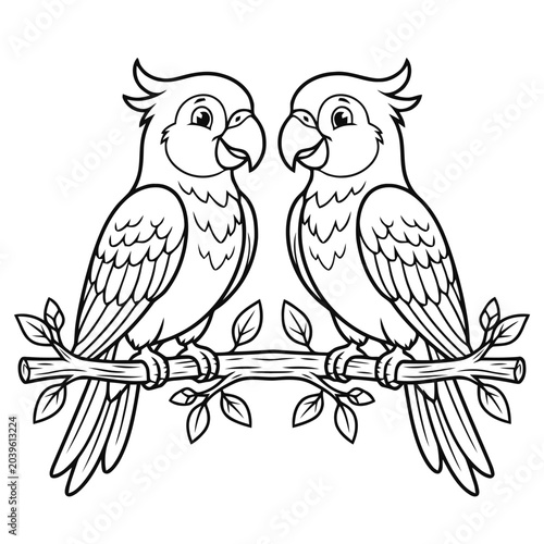 Billede på lærred Elegant line art illustration of two lovebirds perched on a branch in a minimali