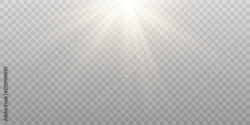 Sunlight bright golden flash of light on transparent background with rays and glare and rainbow, Vector graphics. Light leaks and glare.