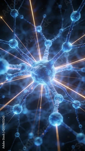 Glowing neuron core pulses with blue energy. Orange light beams radiate outward intensely. Dark space background emphasizes the illumination. Ideal for neuroscience or AI concepts