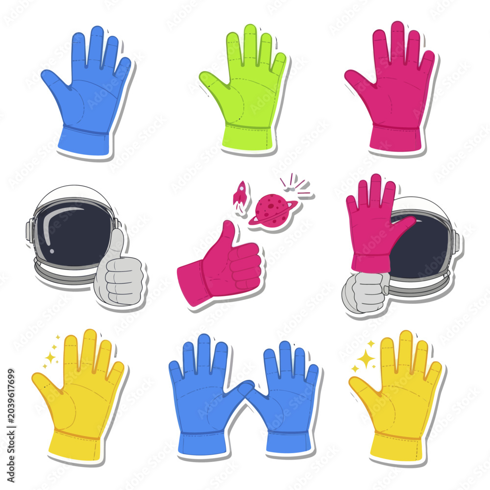 Fototapeta premium Set of colorful astronaut gloves and space helmet vector sticker icons.