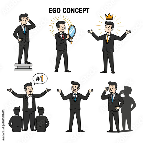 Set of cartoon business men representing different aspects of ego and self centered personality traits.