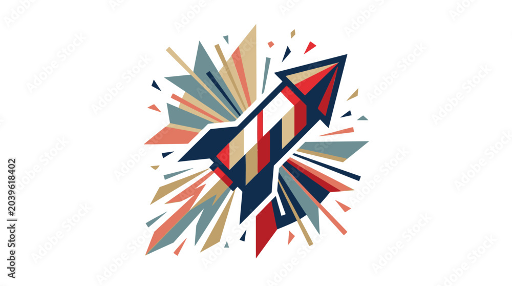 Fototapeta premium Colorful abstract rocket ship blasting off with geometric shapes.