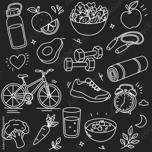 Healthy Lifestyle and Fitness Doodle On Dark Grey Background 