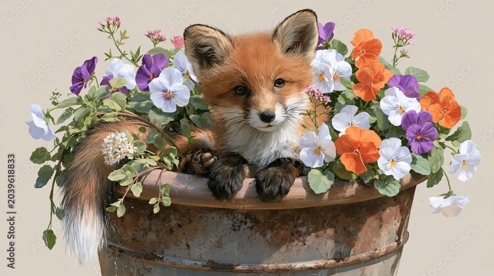 Fototapeta premium Small fox sits in a brown pot with flowers.