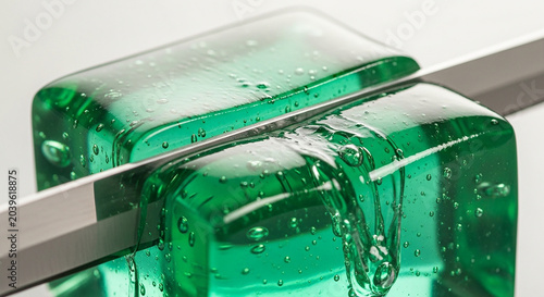 Vibrant Green Gelatinous Blocks Divided by Steel