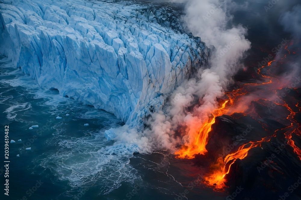 Fototapeta premium Dramatic Collision of Volcanic Lava and Ocean Waves with Steam and Fire on Rocky Shore