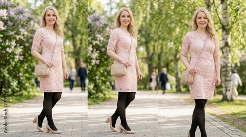 woman in a light pink dress and black stockings AI generated