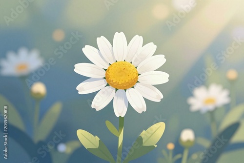 A single white flower with a yellow center on a green stem