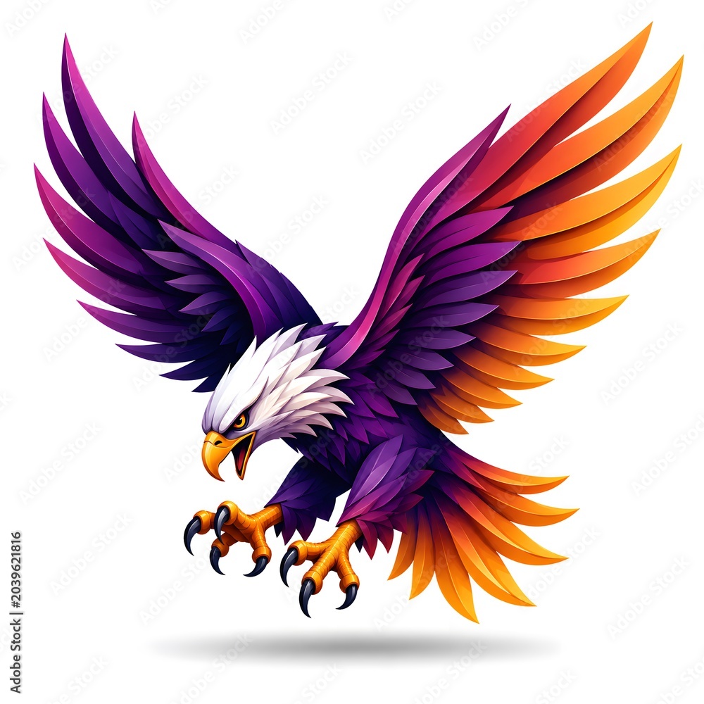 Fototapeta premium Bald Eagle Soaring with Vibrant Rainbow Feathers in Dynamic Flight Against White Background