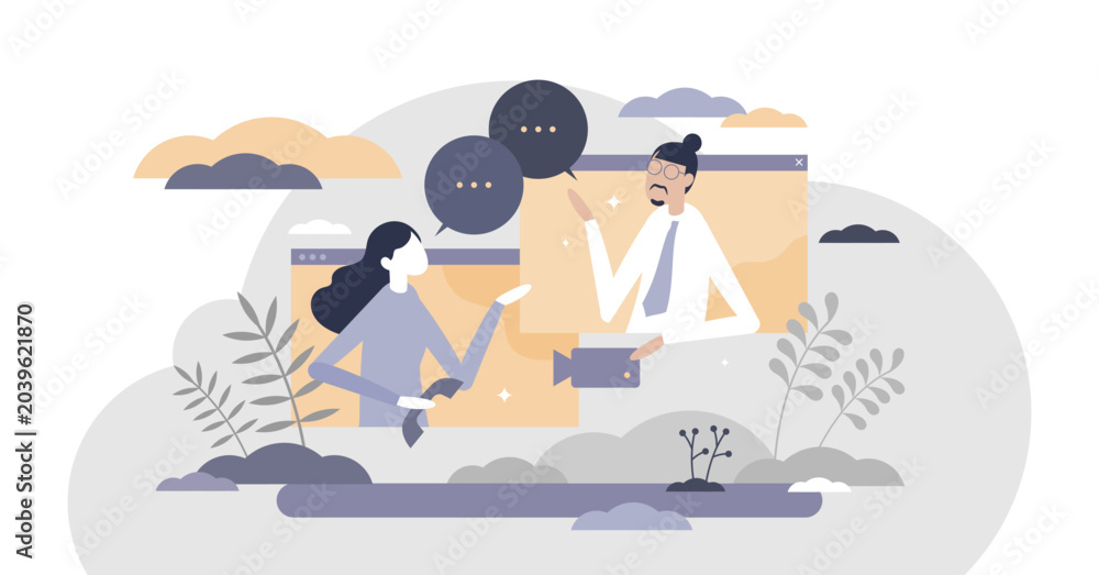 Obraz premium Video call conversation using online webcam computer tiny persons concept, transparent background.Distance web communication using chat or talking apps illustration.