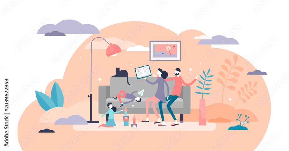 Obraz premium Family time illustration, transparent background. Parents together with children in flat tiny persons concept. Quality harmony relationship.