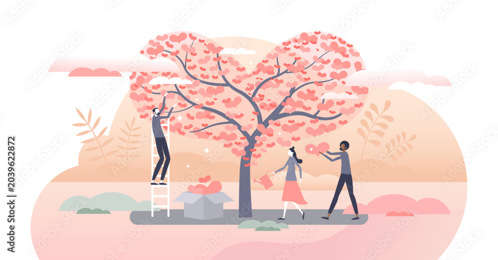 Fototapeta premium Donation tree as volunteer support or giving care, love and solidarity tiny person concept, transparent background. Branches with hearts as campaign money gathering and growth illustration.