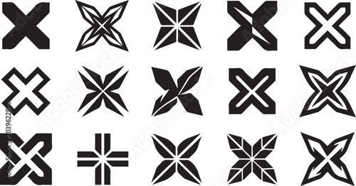 Set of abstract geometric cross and star symbols collection with geometric abstract ornament minimalist monochrome isolated decoration collection