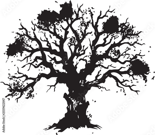 Old bare tree silhouette with ink texture effect silhouette isolated illustration splatter distressed landscape minimalist contrast background