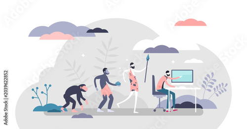 Tableau sur toile Evolution steps from the cave men to modern human with computer,flat tiny person illustration, transparent background