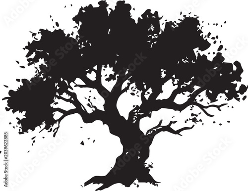 Full leafy tree silhouette with textured ink style silhouette isolated illustration splatter distressed landscape minimalist contrast background