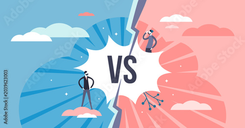 фотографія Versus split screen abstract concept, flat tiny persons illustration, transparent background
