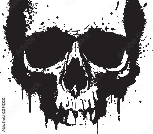 Spooky human skull graphic with black paint drip splatter effect splatter skeleton illustration monochrome isolated distressed halloween abstract