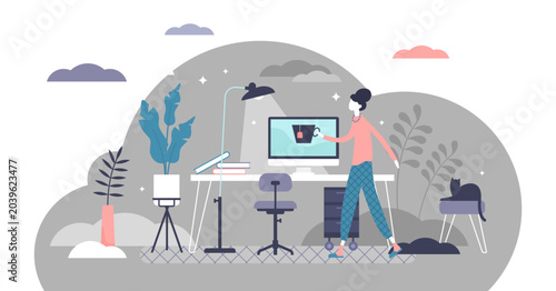 Work from home concept, flat tiny person illustration, transparent background. Freelancer remote office workplace interior setup with desk, chair and computer.