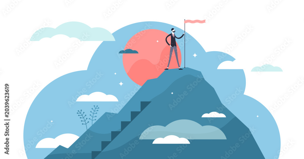 Obraz premium Success business vision concept, flat tiny businessman person illustration, transparent background. Company growth mission achievement and reaching top.