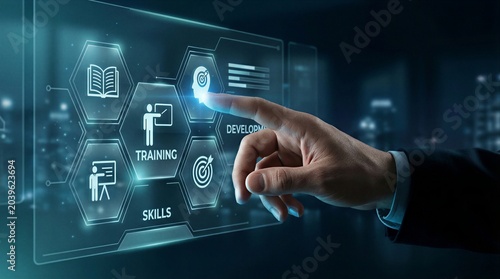 Businessman's hand interacts with a futuristic digital interface displaying icons for training, skills, and professional development.