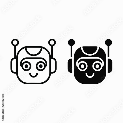 Cute AI Chatbot Mascot Outline and Silhouette Icon Set