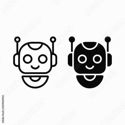 Cute AI Chatbot Mascot Outline and Silhouette Icon Set