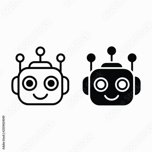 Cute AI Chatbot Mascot Outline and Silhouette Icon Set