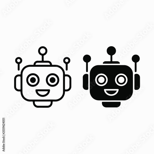 Cute AI Chatbot Mascot Outline and Silhouette Icon Set