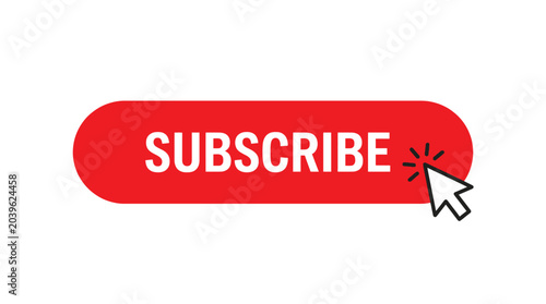 Bright red subscribe button with a mouse cursor arrow click for digital video channel viewer engagement
