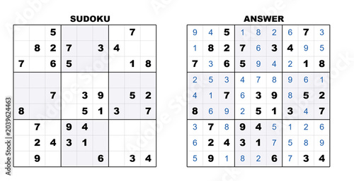 Foto Sudoku puzzle with challenge grid and completed answer sheet