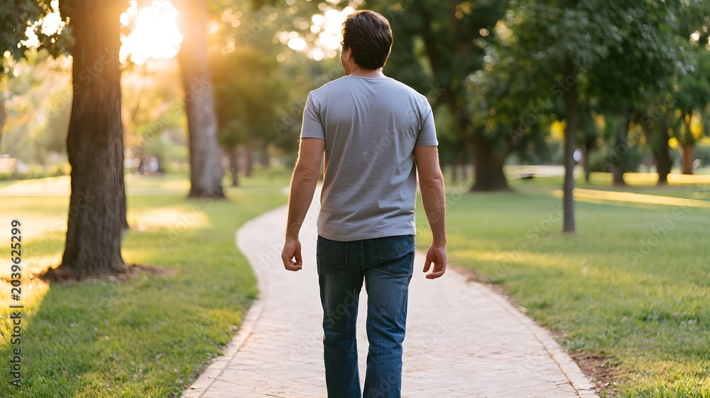 Obraz premium A person walks along a sunlit path through a peaceful lush forest in the early morning