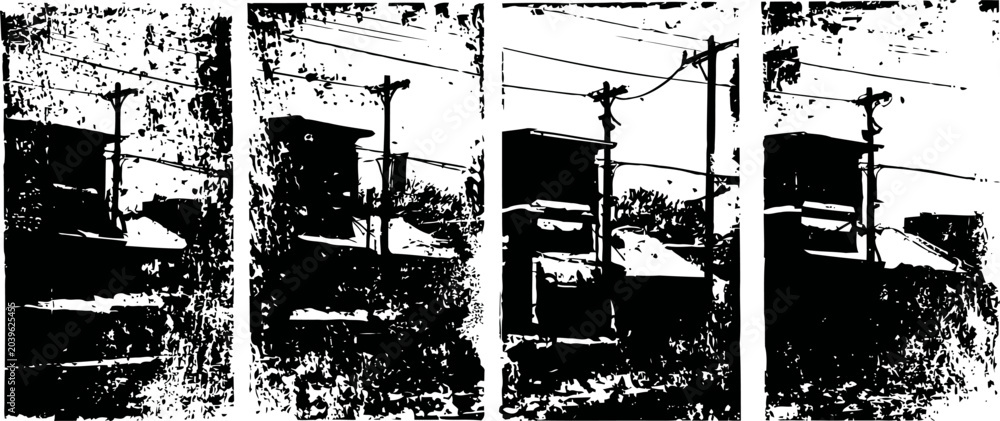 Obraz premium grunge urban scene with utility poles, wires, and buildings in weathered black and white