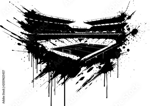 Grunge soccer stadium silhouette with splattered ink brush strokes and dynamic paint splashes