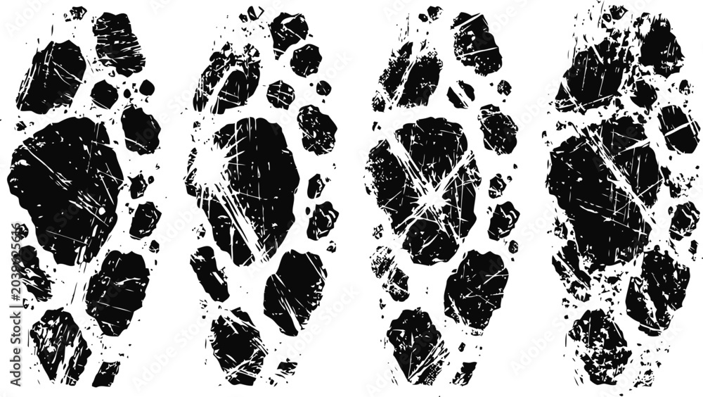 Obraz premium Set of grunge black shoe prints with distressed texture isolated on white background