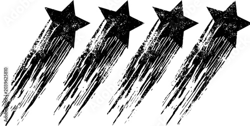 Four black grunge stars with trailing streaks in a horizontal row, vintage distressed design