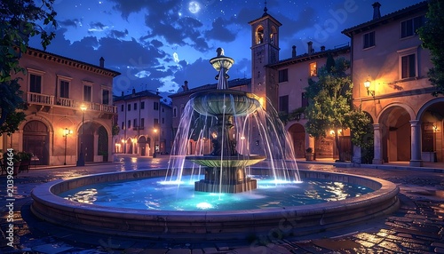 Illuminated fountain, center stage in an open plaza surrounded by buildings at night under a moonlit, star-filled sky