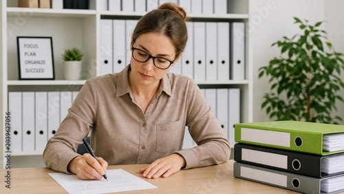 Professional Businesswoman Focused on Writing and Organizing Documents in Modern Office