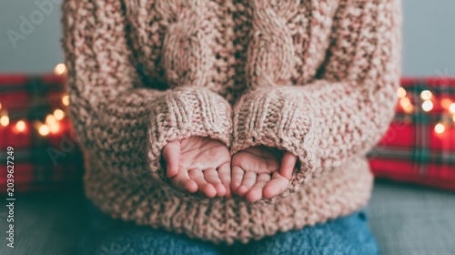 Cozy Woman Extending Open Hand in Invitation Gesture, Wearing a Soft Sweater with Warm Lights in the Background, Perfect for Welcoming Moments and Comfort Themes