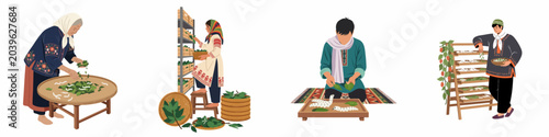 Bild auf Leinwand Set of illustrations depicting traditional sericulture and silk production stages with people feeding silkworms on mulberry leaves in ethnic attire