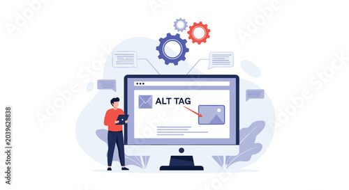 Professional web developer working on a computer to optimize image accessibility by adding alt tags and descriptions.