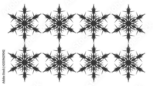 Black snowflake silhouettes set of 8 icons, winter crystal shapes on white background, decorative frozen ice star elements for holiday design