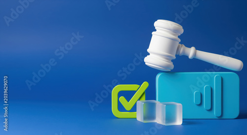 Auction approval background for bid selection and compliance review, gavel with check mark and growth chart shapes supporting procurement decision, tender result, legal ruling and marketplace trust