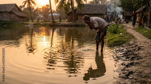 Rural Bangladesh Life: Elderly Man Washing Face in Village Pond at Sunset, Traditional Lifestyle and Scenic Bengal Landscape