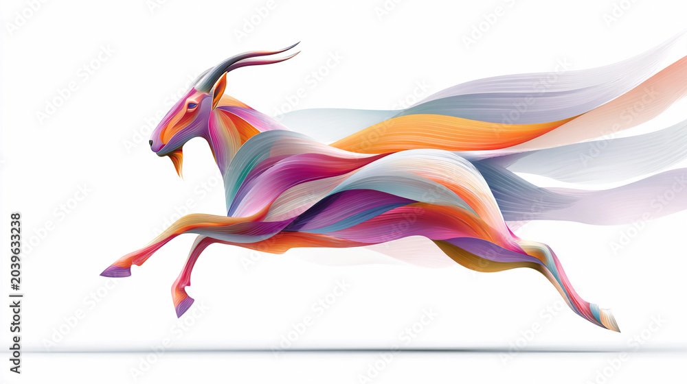 Obraz premium Vibrant, abstract goat gallops forward with flowing, colorful mane and tail. Artistic, modern design ideal for digital media or creative projects. Dynamic motion evokes energy, freedom