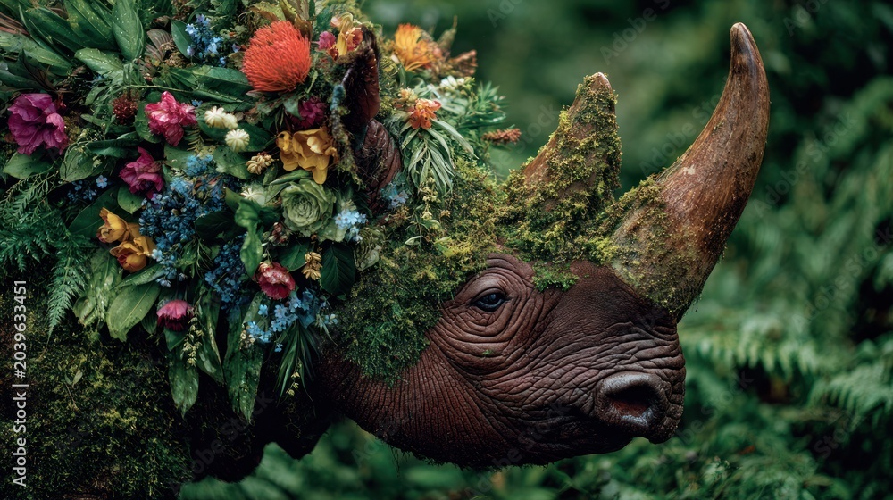 Fototapeta premium Rhinoceros Head Adorned with Lush Greenery and Vibrant Flowers.