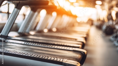 Row of Treadmills in a Modern Gym with Sunlight.