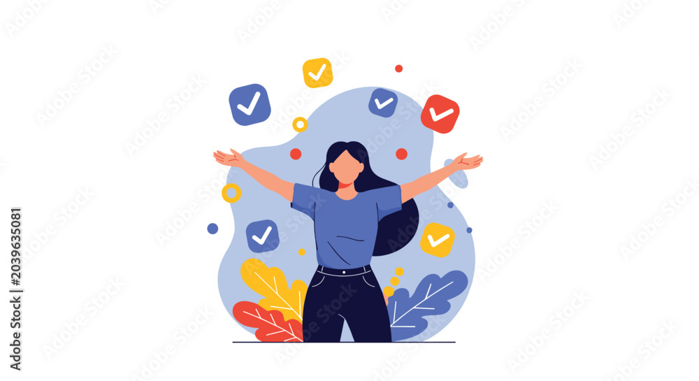 Fototapeta premium Illustration of a happy woman standing with outstretched arms surrounded by floating colorful checkmark and task icons.